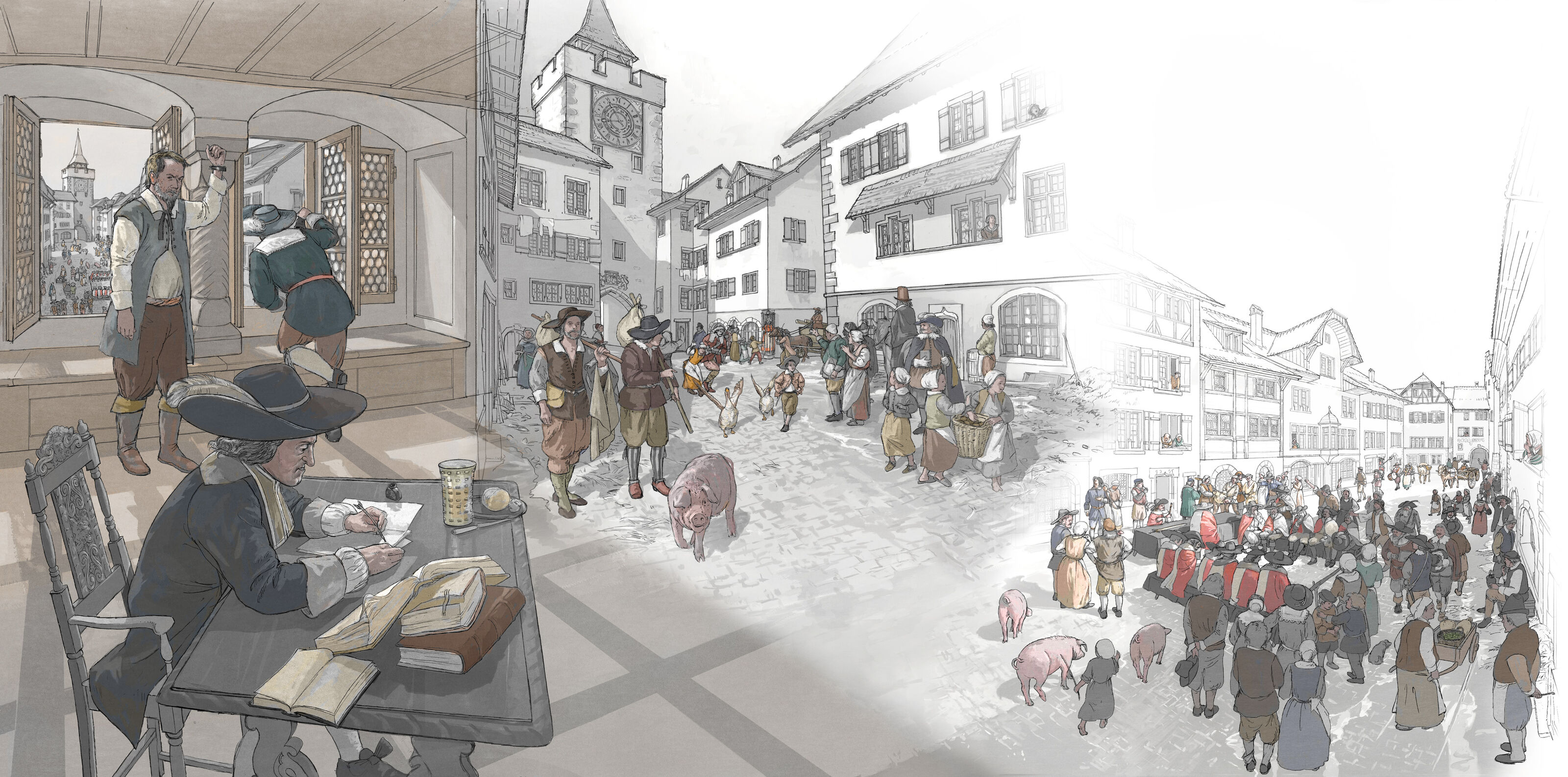 Mellingen-Wand-Gerichtsstube_Gericht-1650_Wandbild-Lebensbild_bunterhund-Illustration_RGB