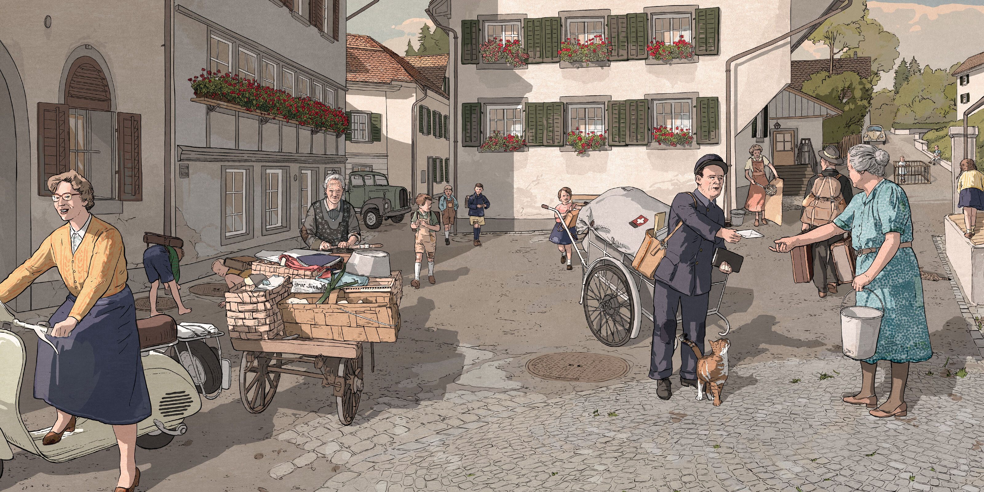 Spittel-50er_Jahre_Spittelplatz-Staefa_Poestler_Dorfleben_bunterhund-Illustration