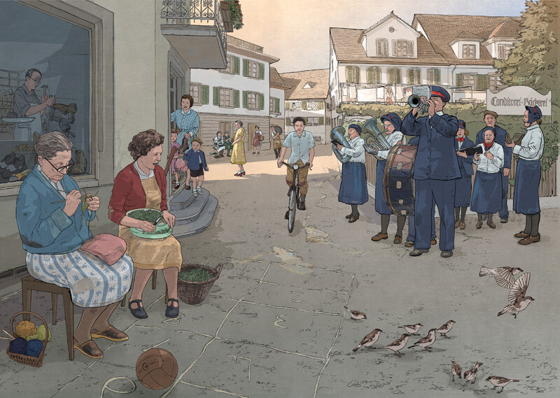 Spittel-50er-Jahre_Sommerabend-Heilsarmee_bunterhund-Illustration